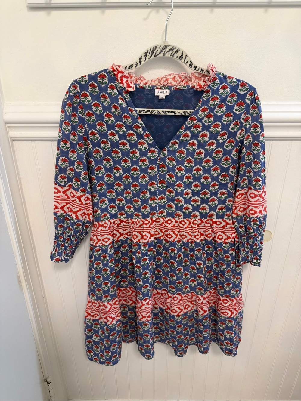 Blue Floral Mini Dress with Red Banding